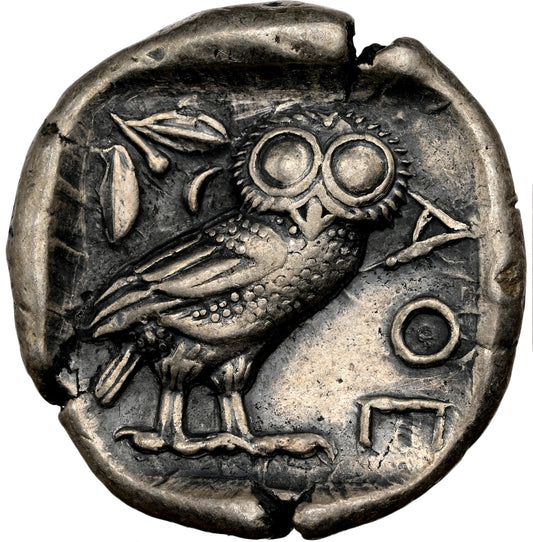 440 B.C. Ancient Greek Silver Tetradrachm Coin of Athens, Athenian Owl Design, NGC AU