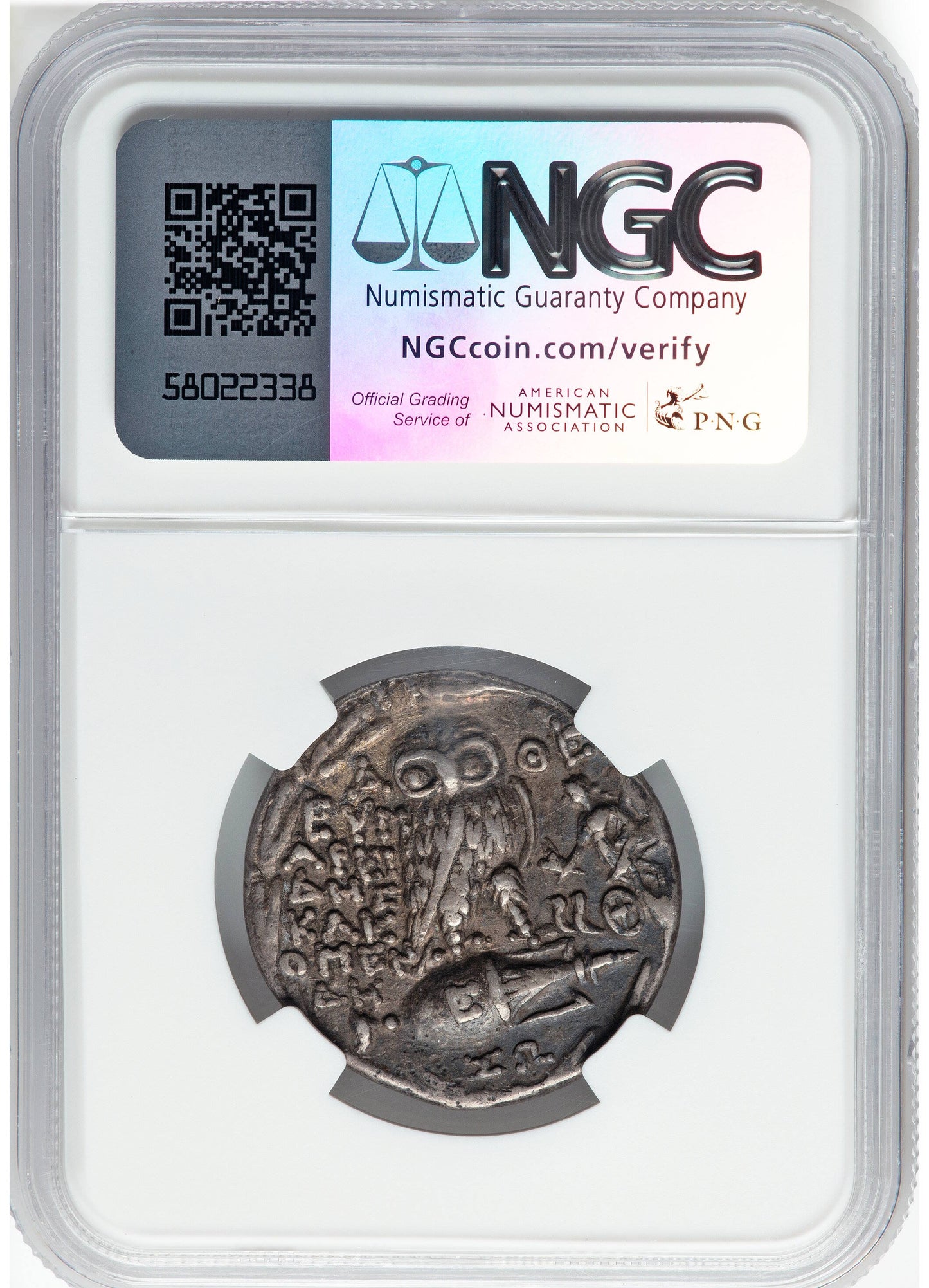 athens tetradrachm reverse, full slab shot. Text as follows: NGC Numismatic Guaranty Company NGCcoin.com/verify 58022338