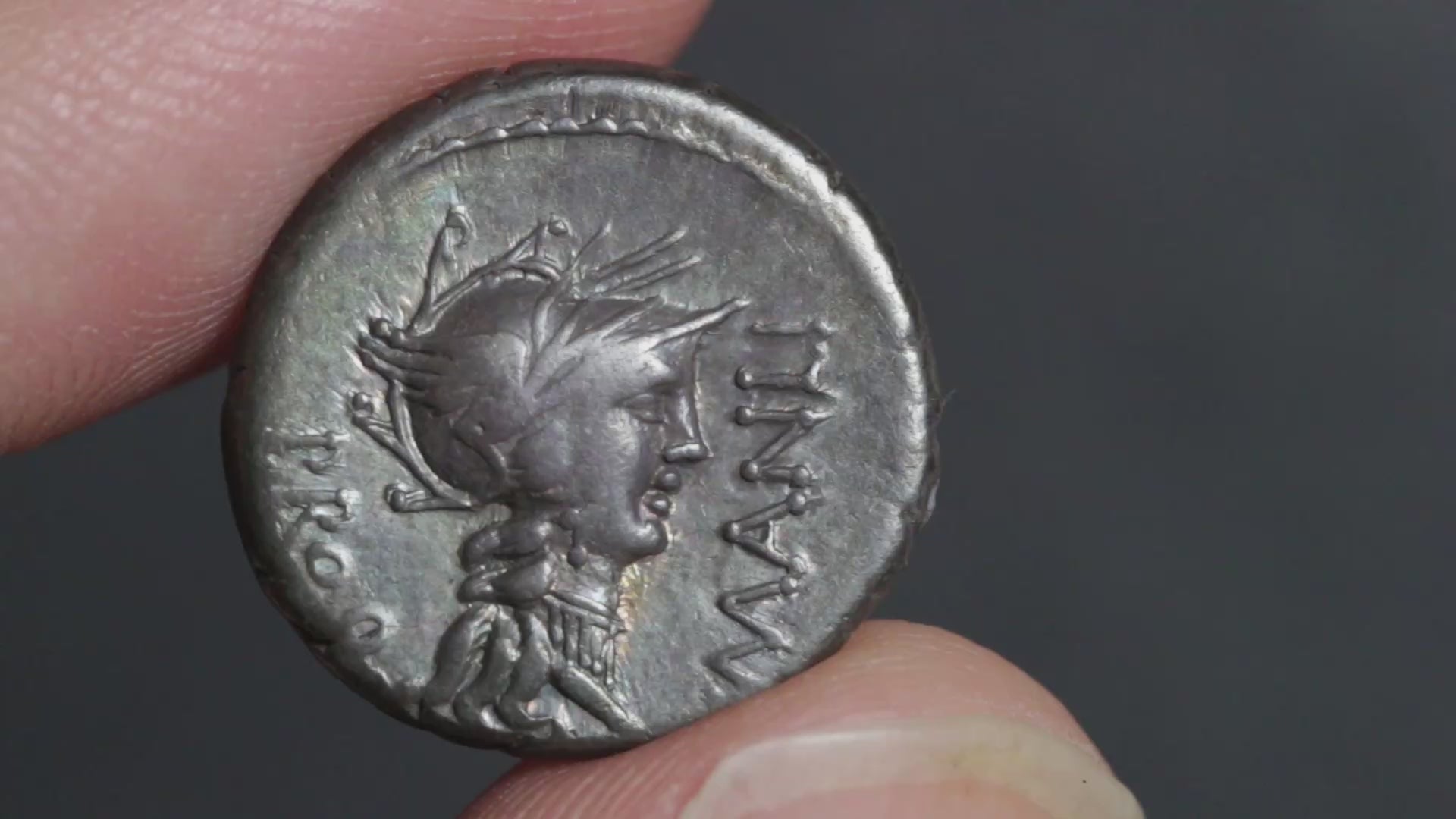 video of the Sulla denarius being rotated between two fingers to show both sides