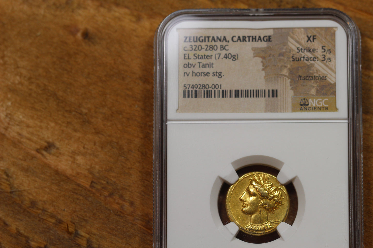 320 B.C. Ancient Carthage Gold Stater Coin, Zeugitania, NGC Extremely Fine (XF) Condition