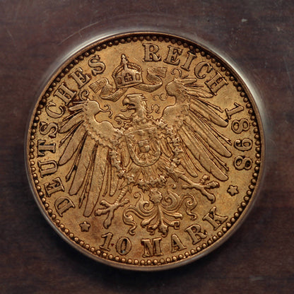 1898-A Germany Prussia 10 Mark Gold Coin, ANACS AU-53