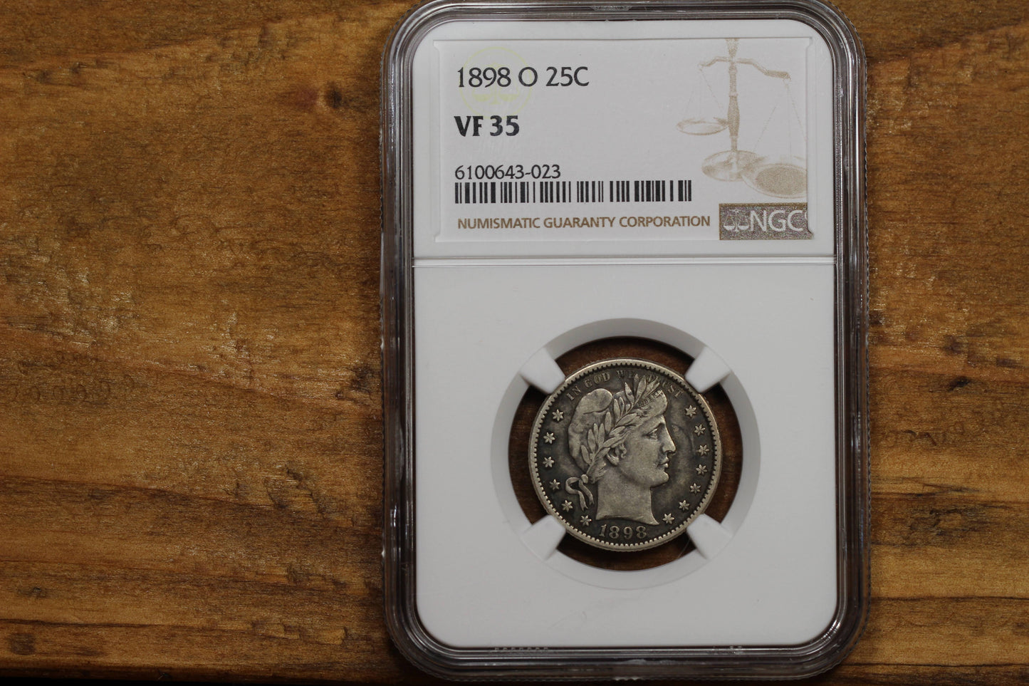 1898-O U.S. Barber Quarter, NGC VF-35 Very Fine, Circ Cam, New Orleans Mint