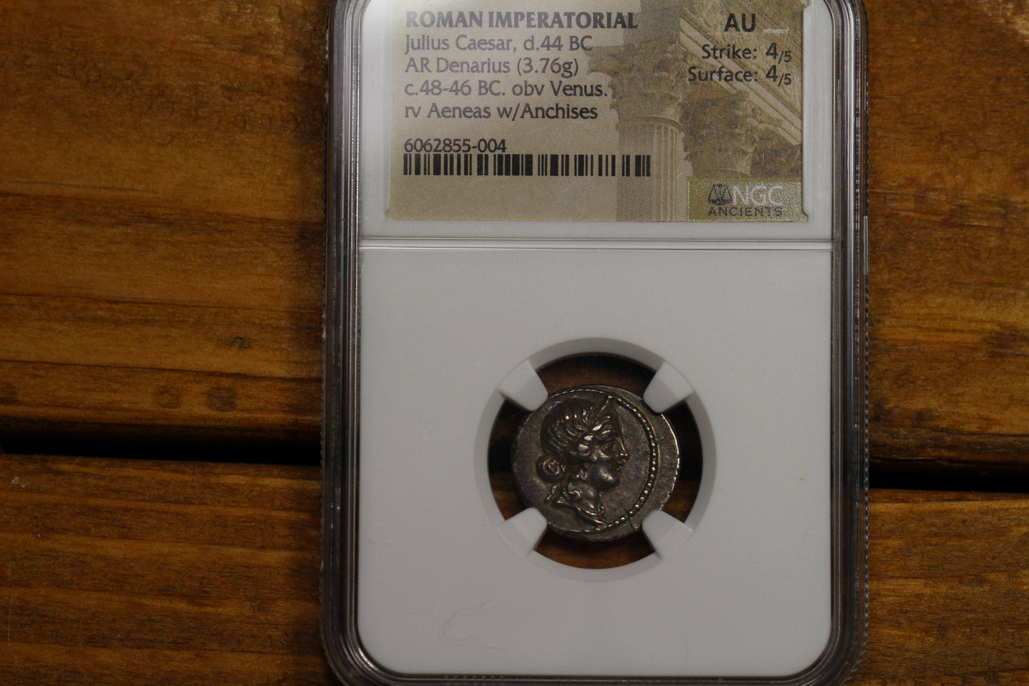 Julius Caesar Ancient Roman Denarius, 48-46 BC, NGC AU, Aeneas Venus