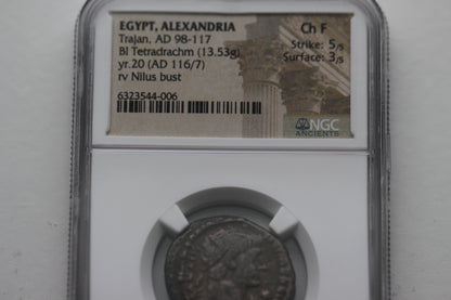 116 A.D. Ancient Roman Provincial Tetradrachm, Alexandria Egypt, NGC Ch F, Emperor Trajan, Nilus Bust