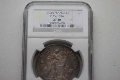 1793 France Republic Silver 6 Livres Coin, L'An II, NGC XF-40 Extremely Fine