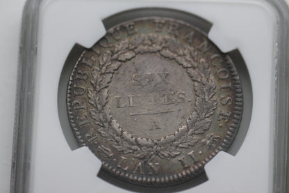 1793 France Republic Silver 6 Livres Coin, L'An II, NGC XF-40 Extremely Fine