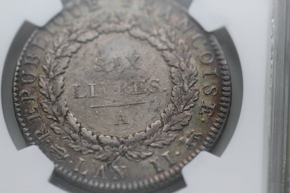 1793 France Republic Silver 6 Livres Coin, L'An II, NGC XF-40 Extremely Fine