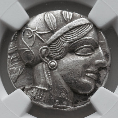 440 B.C. Ancient Greek Silver Tetradrachm Coin of Athens, Athenian Owl Design, NGC Choice AU