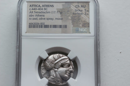 440 B.C. Ancient Greek Silver Tetradrachm Coin of Athens, Athenian Owl Design, NGC Choice AU