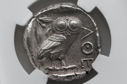 440 B.C. Ancient Greek Silver Tetradrachm Coin of Athens, Athenian Owl Design, NGC Choice AU