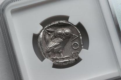 440 B.C. Ancient Greek Silver Tetradrachm Coin of Athens, Athenian Owl Design, NGC Choice AU