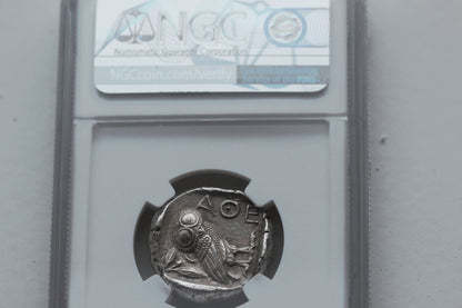 440 B.C. Ancient Greek Silver Tetradrachm Coin of Athens, Athenian Owl Design, NGC Choice AU