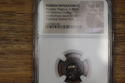 42 BC Pompey Magnus (the Great) Denarius, Ancient Roman Empire, NGC Choice VF