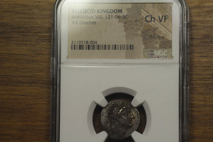 120 BC Ancient Seleucid Empire Silver Drachm Coin | Antiochus VIII | NGC Ch VF | Toned