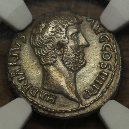 136 AD Emperor Hadrian Roman AR Silver Denarius | NGC XF | Moneta Reverse