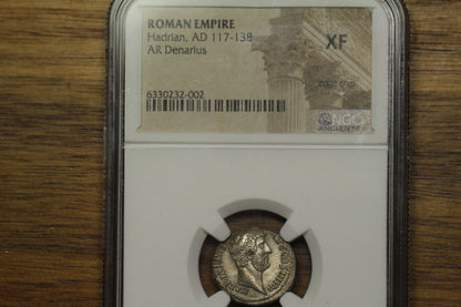 136 AD Emperor Hadrian Roman AR Silver Denarius | NGC XF | Moneta Reverse